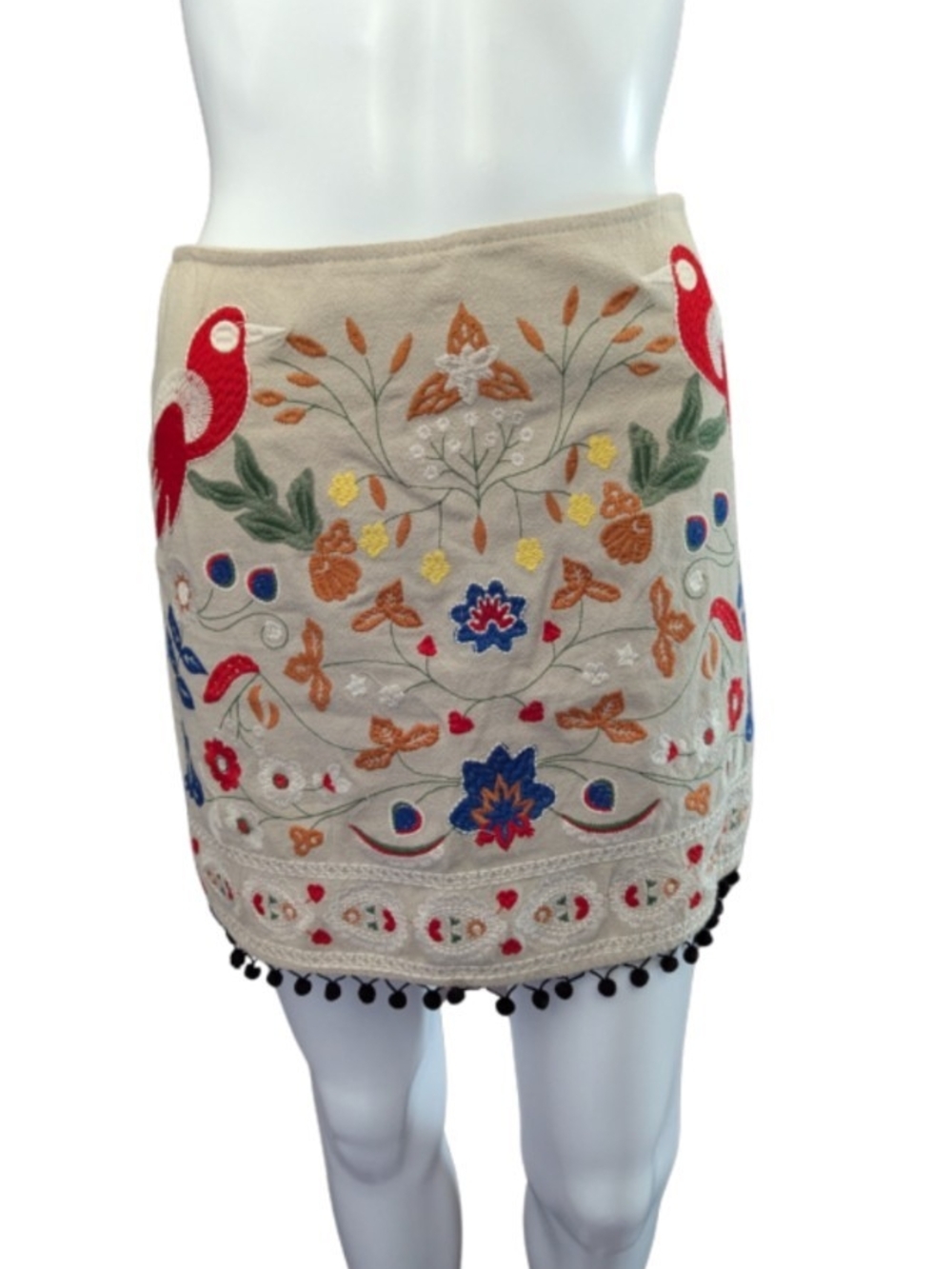 Altar'd State Beige Embroidered Mini Skirt with Multicolor Motifs-Sz XS